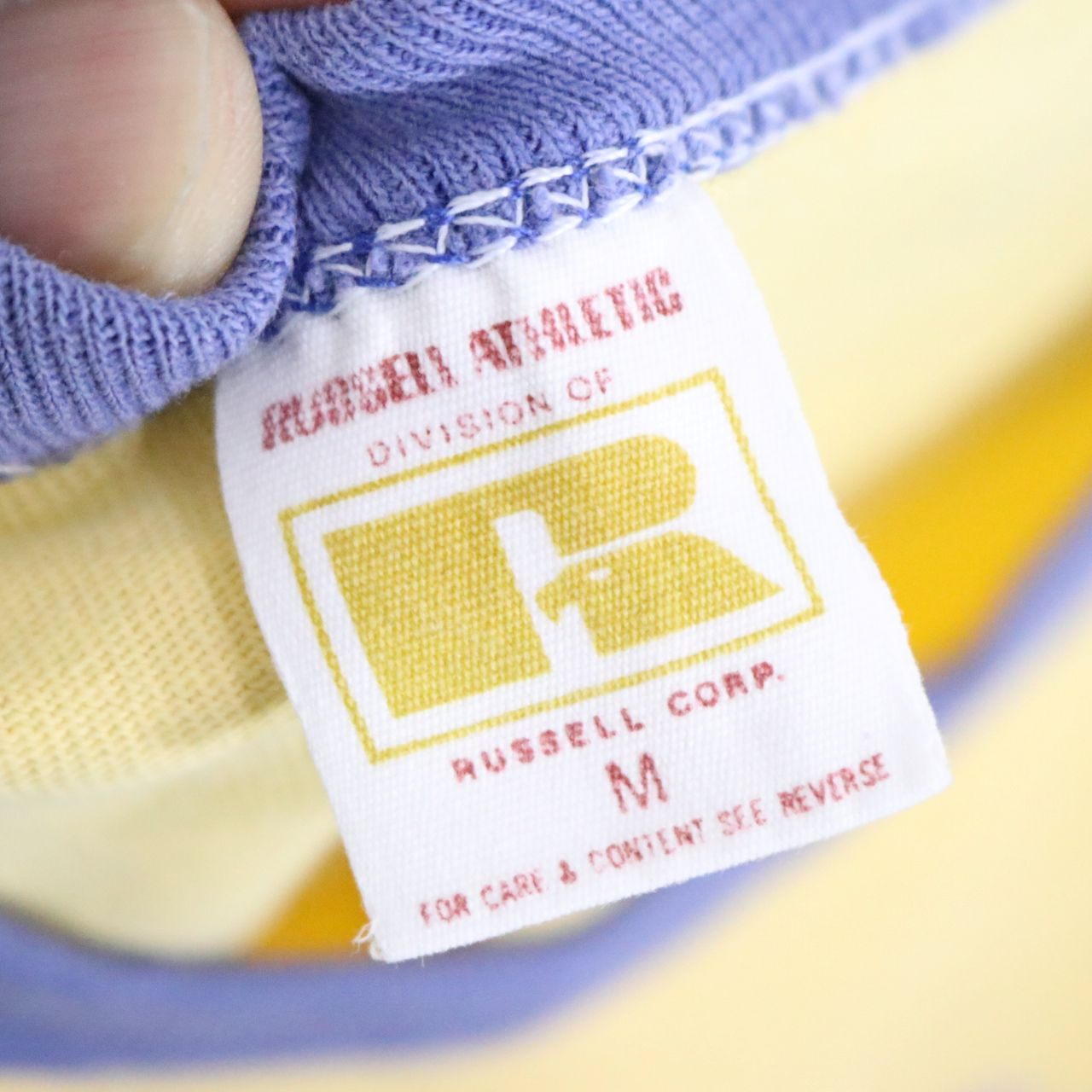 70s vintage RUSSELL ATHLETIC ラッセルアスレティック レディース 半袖Tシャツ リンガーT USA製 シングルステッチ フロッキープリント