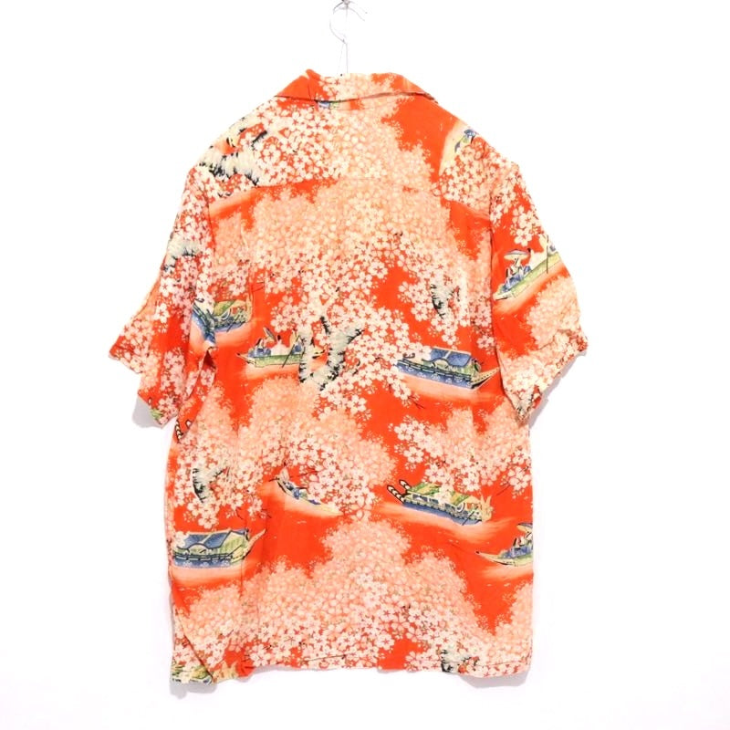 Hale-Niu 50s Vintage | Rayon Kabe Crepe Hawaiian Shirt "Orange/Cherry Blossom"