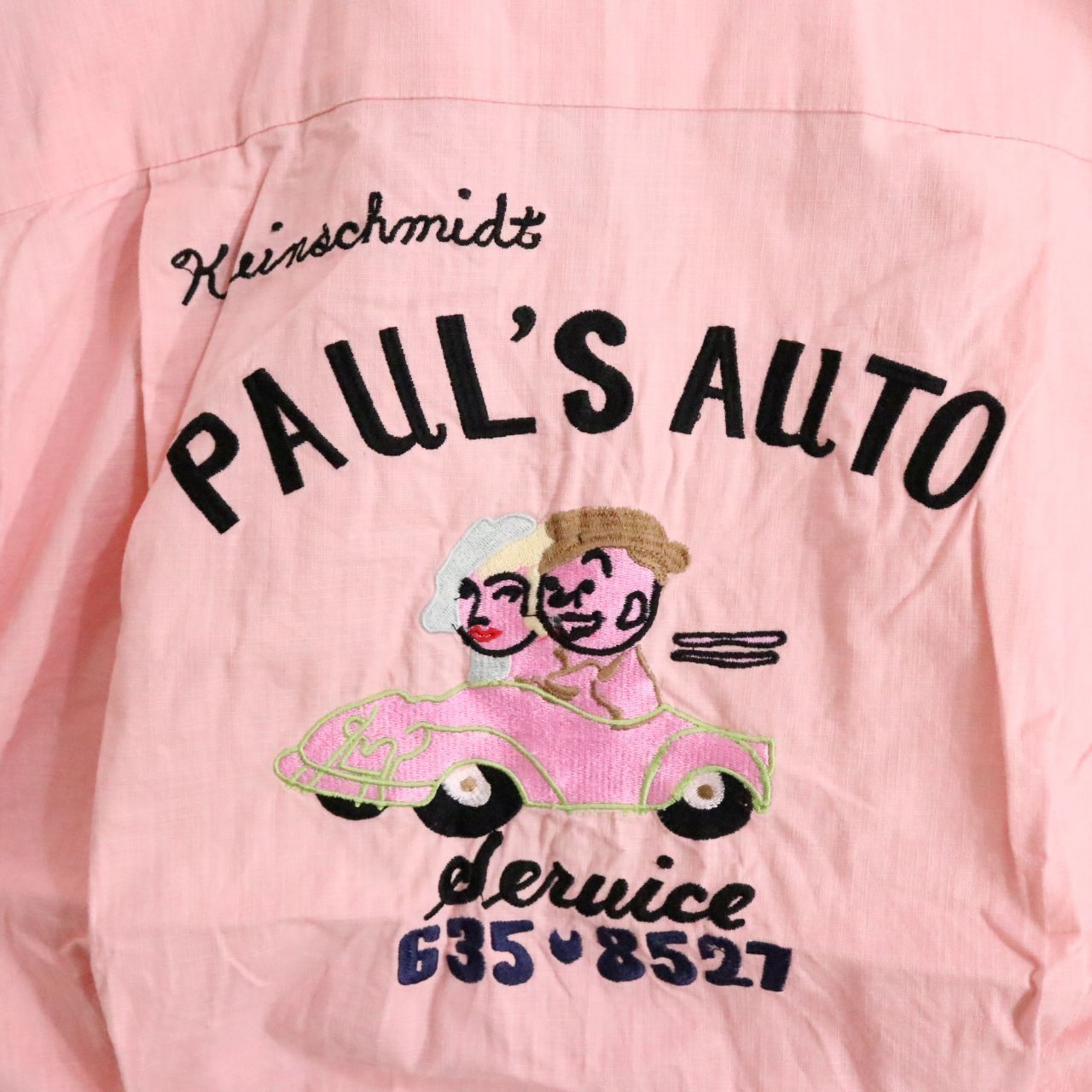 Vintage Style | Chain Stitch Embroidered Bowling Shirt "Pink/Paul's Auto"