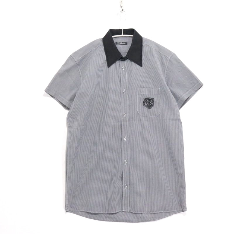 BALMAIN | Gingham S/S Shirt "Tiger Embroidery / Black Collar"