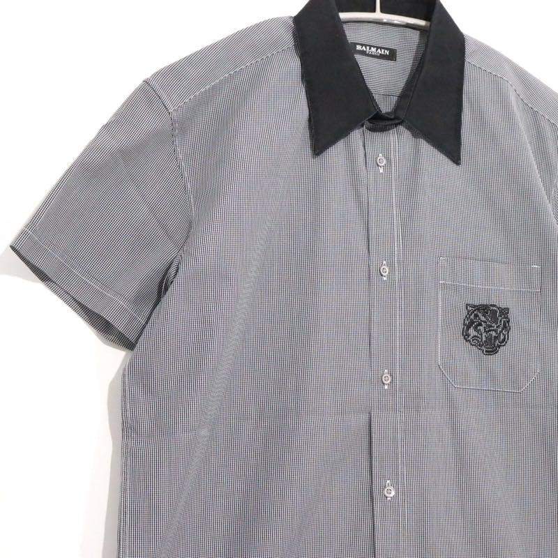 BALMAIN | Gingham S/S Shirt "Tiger Embroidery / Black Collar"