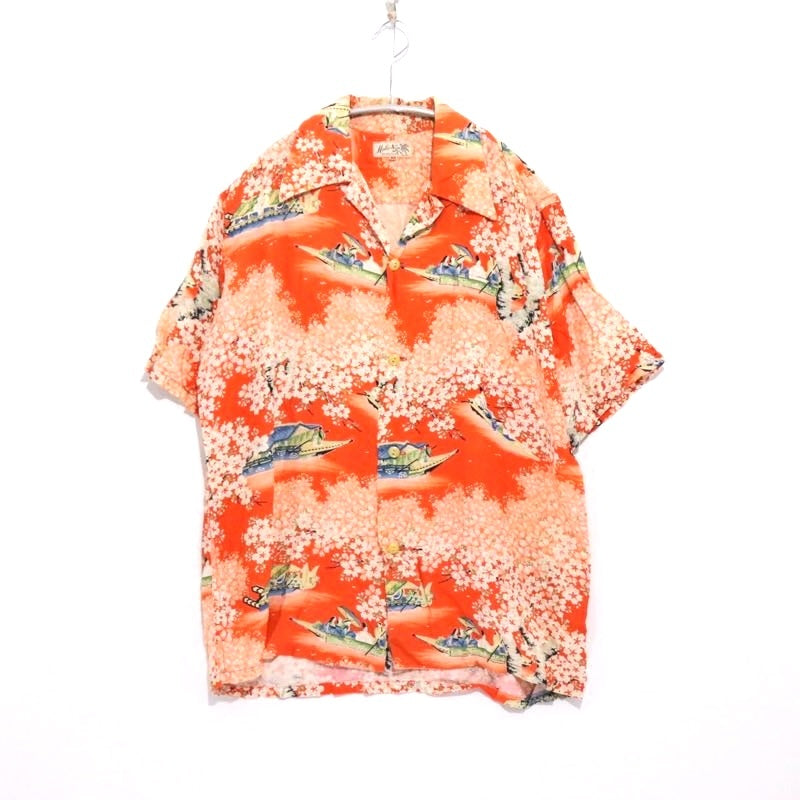 Hale-Niu 50s Vintage | Rayon Kabe Crepe Hawaiian Shirt "Orange/Cherry Blossom"