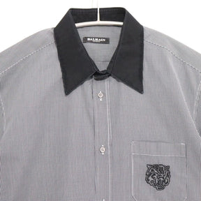 BALMAIN | Gingham S/S Shirt "Tiger Embroidery / Black Collar"