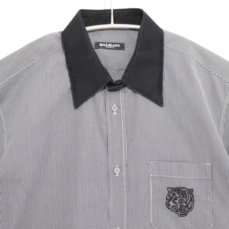 BALMAIN | Gingham S/S Shirt "Tiger Embroidery / Black Collar"