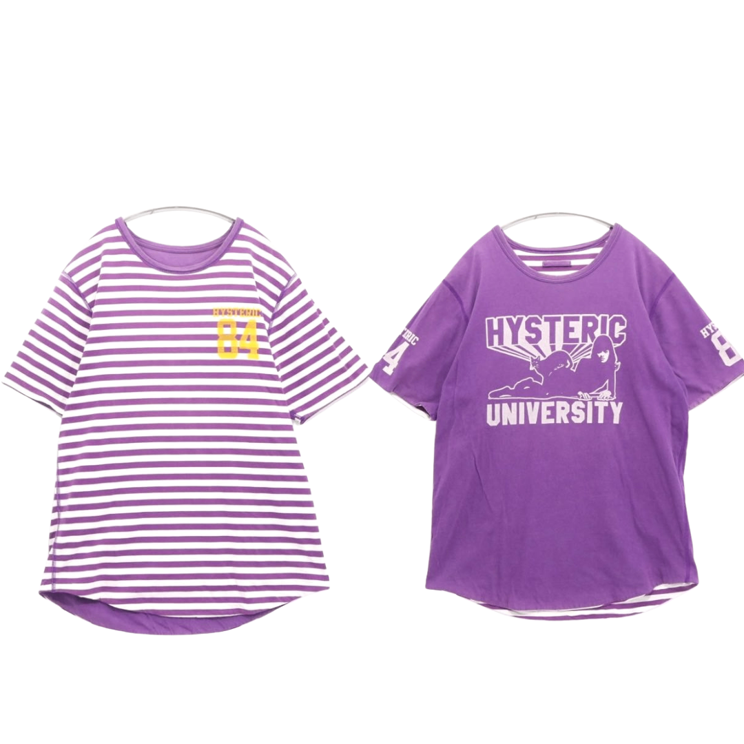 HYSTERIC GLAMOUR | Reversible S/S Border Tee "Purple / Girl & Cat Print"
